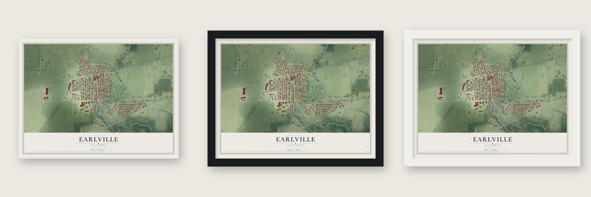 Earlville, Illinois map unframed, in a black wood frame and in a white wood frame