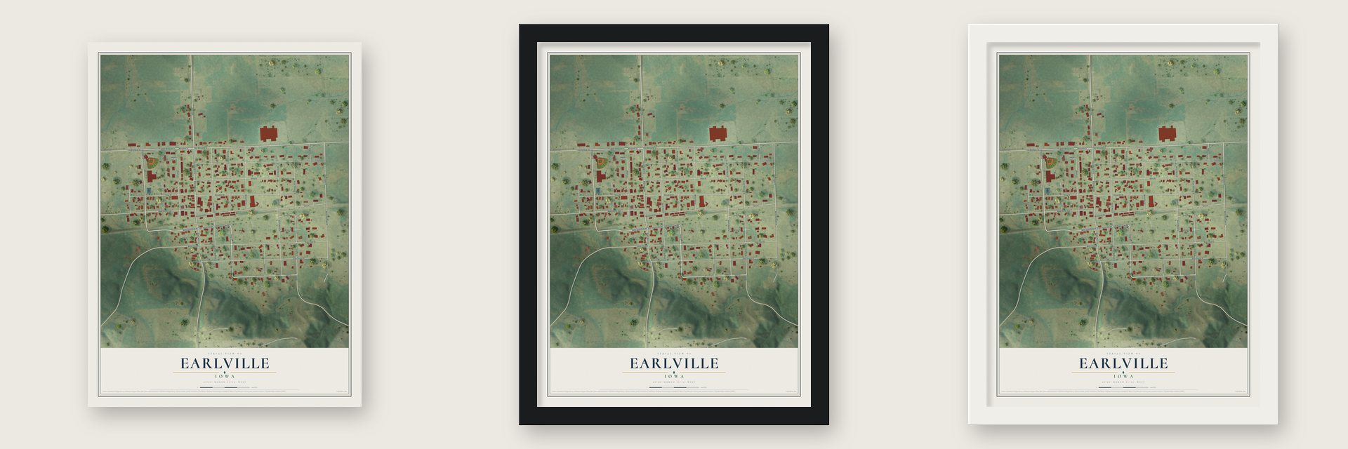 Earlville, Iowa map unframed, in a black wood frame and in a white wood frame
