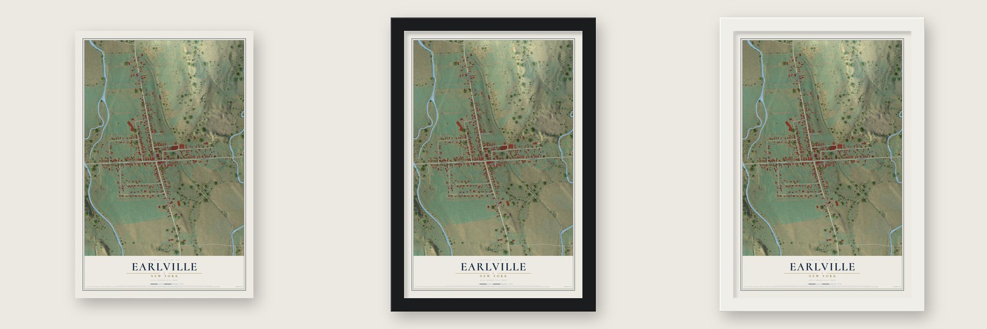 Earlville, New York map unframed, in a black wood frame and in a white wood frame