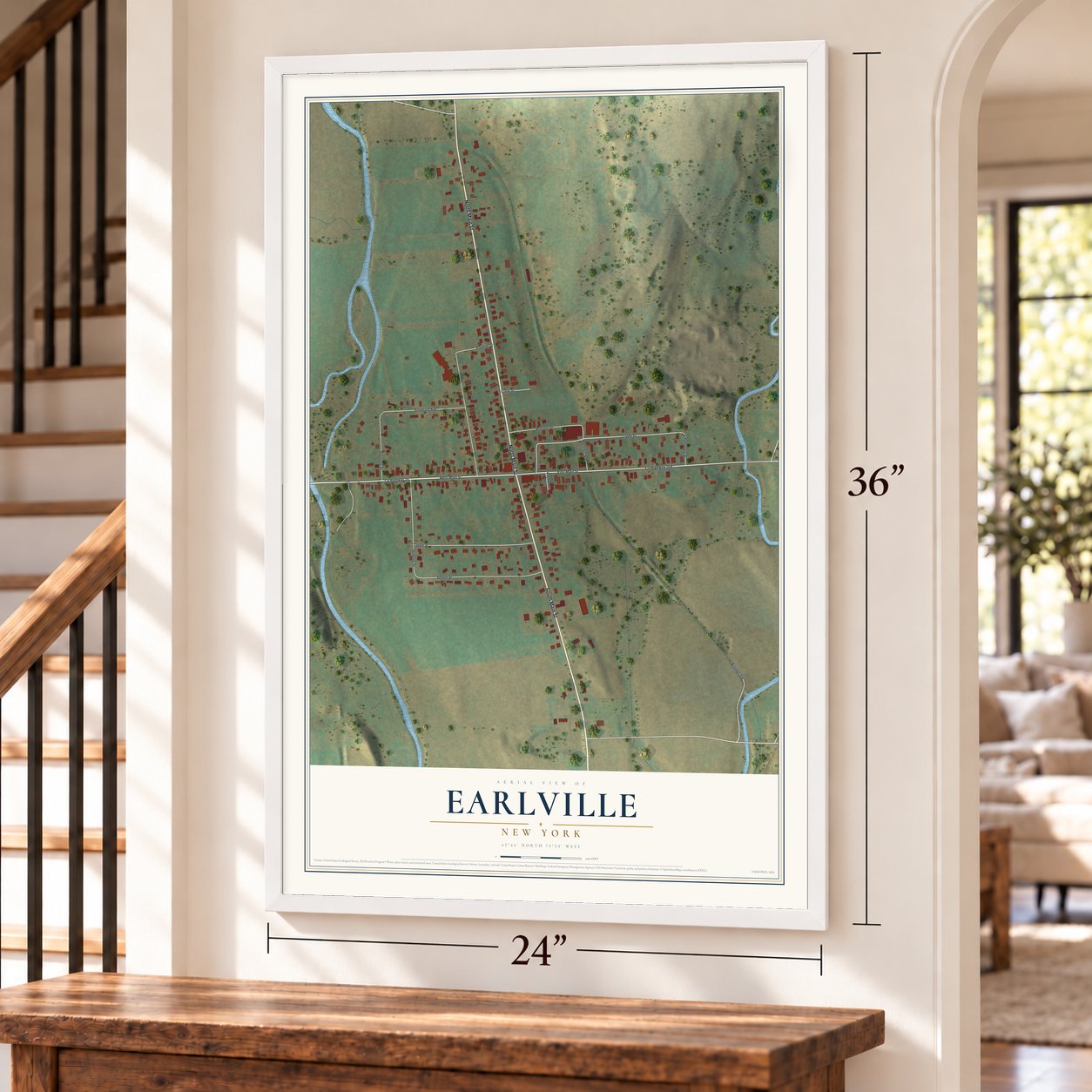 Earlville, New York map, 24 x 36 inch print in a white frame by a staircase