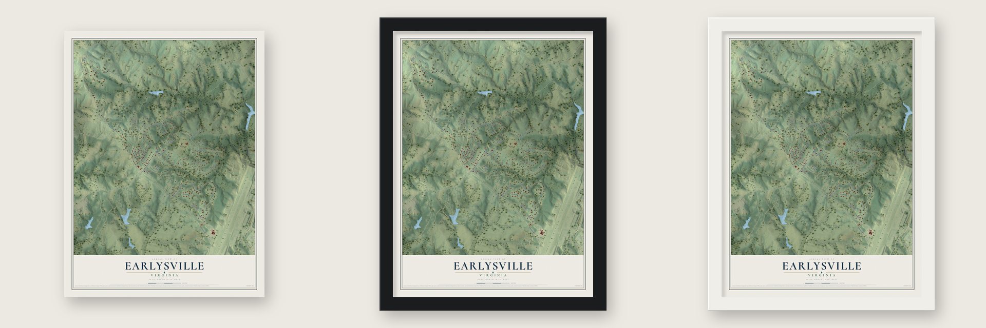 Earlysville, Virginia map unframed, in a black wood frame and in a white wood frame