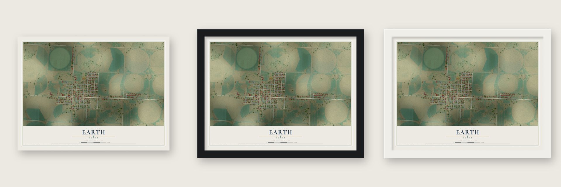 Earth, Texas map unframed, in a black wood frame and in a white wood frame