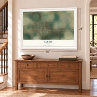 Earth, Texas map, 24 x 36 inch print in a white frame above a dresser by a staircase