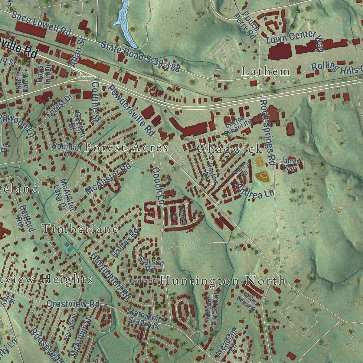Second close-up of the map of Easley, South Carolina print showing more streets and buildings