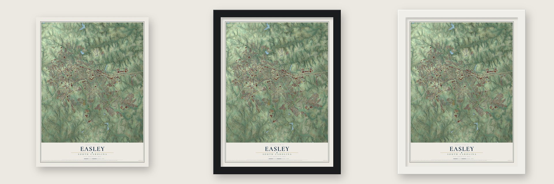 Easley, South Carolina map unframed, in a black wood frame and in a white wood frame