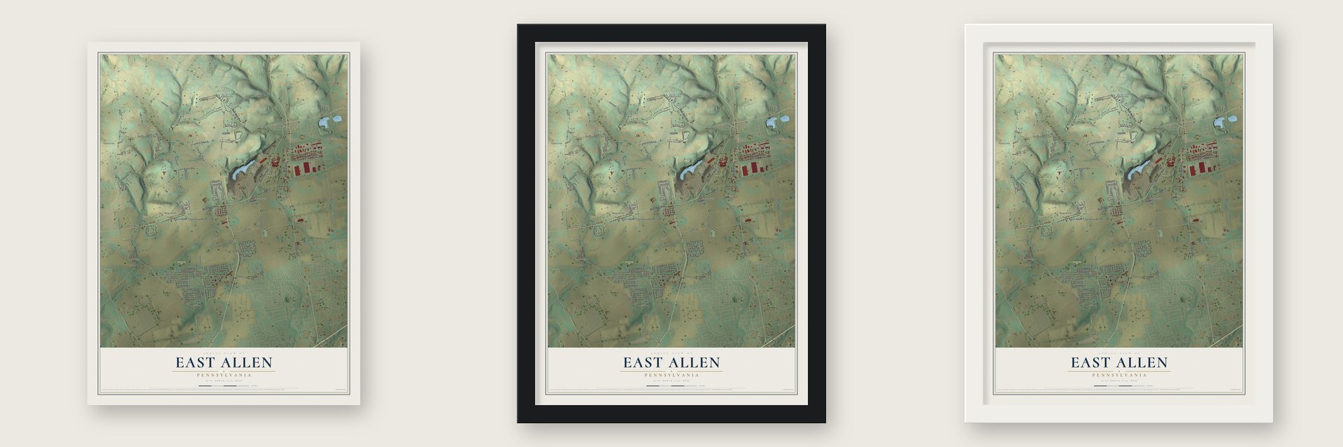 East Allen, Pennsylvania map unframed, in a black wood frame and in a white wood frame