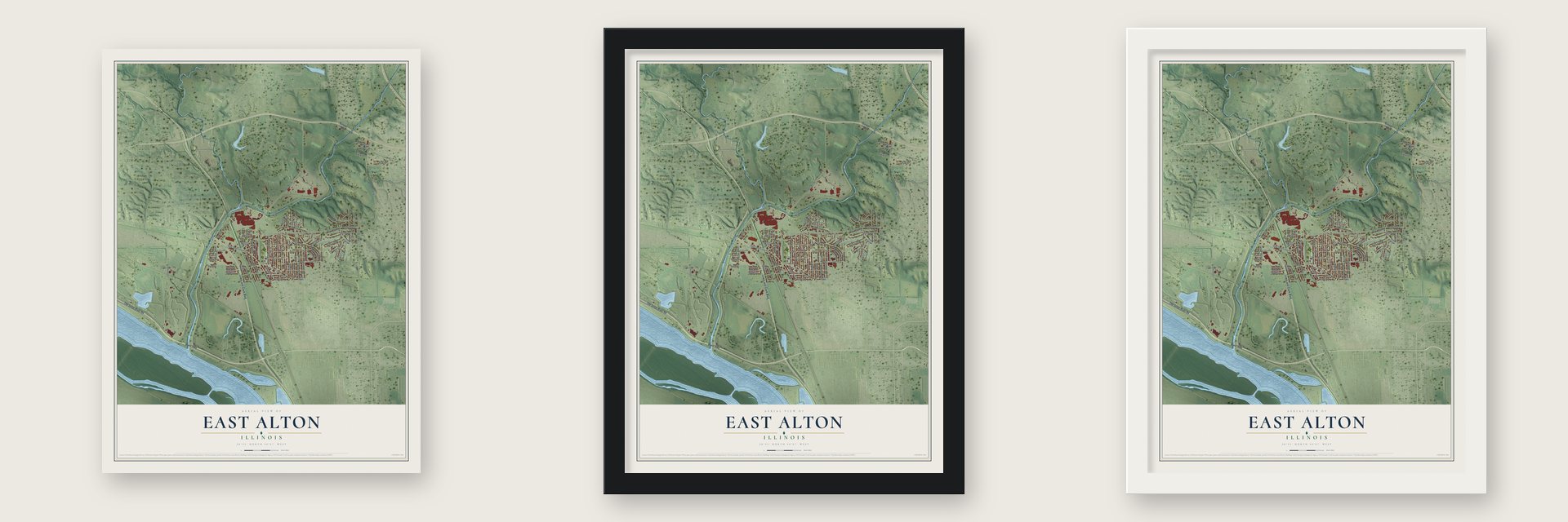 East Alton, Illinois map unframed, in a black wood frame and in a white wood frame