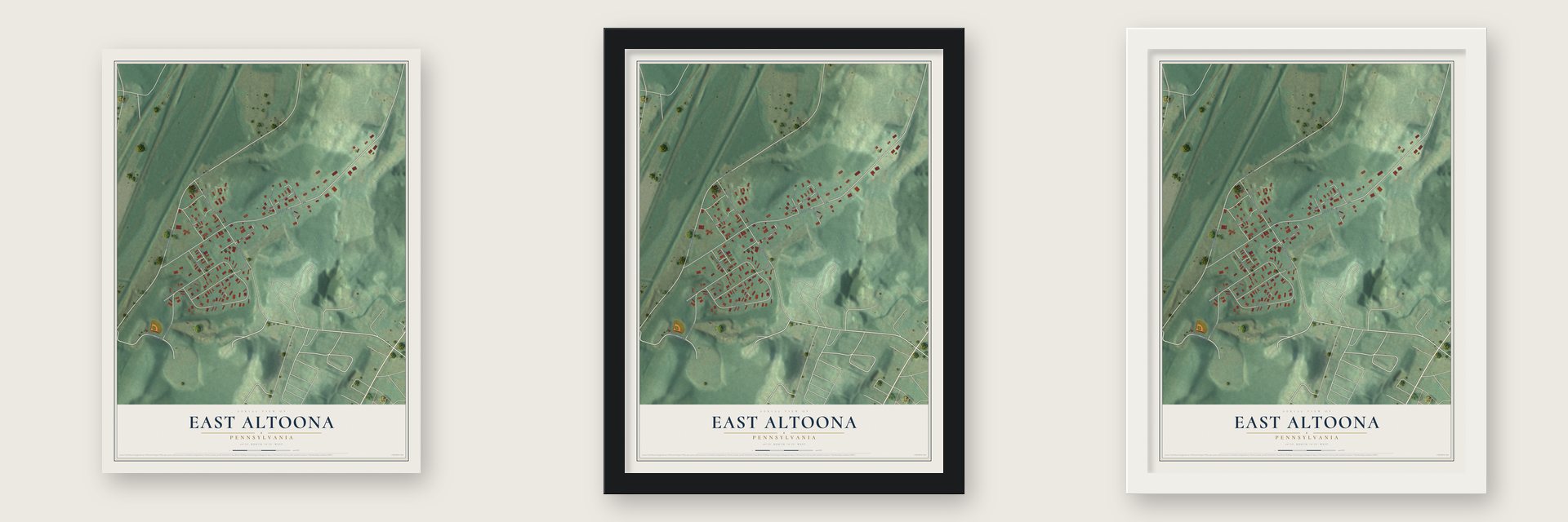 East Altoona, Pennsylvania map unframed, in a black wood frame and in a white wood frame