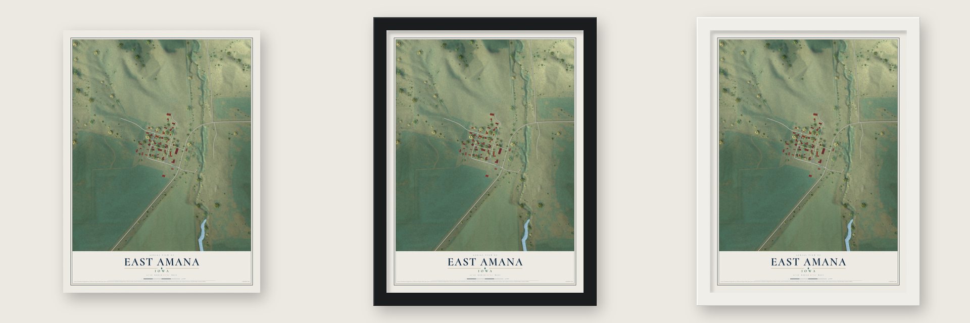 East Amana, Iowa map unframed, in a black wood frame and in a white wood frame