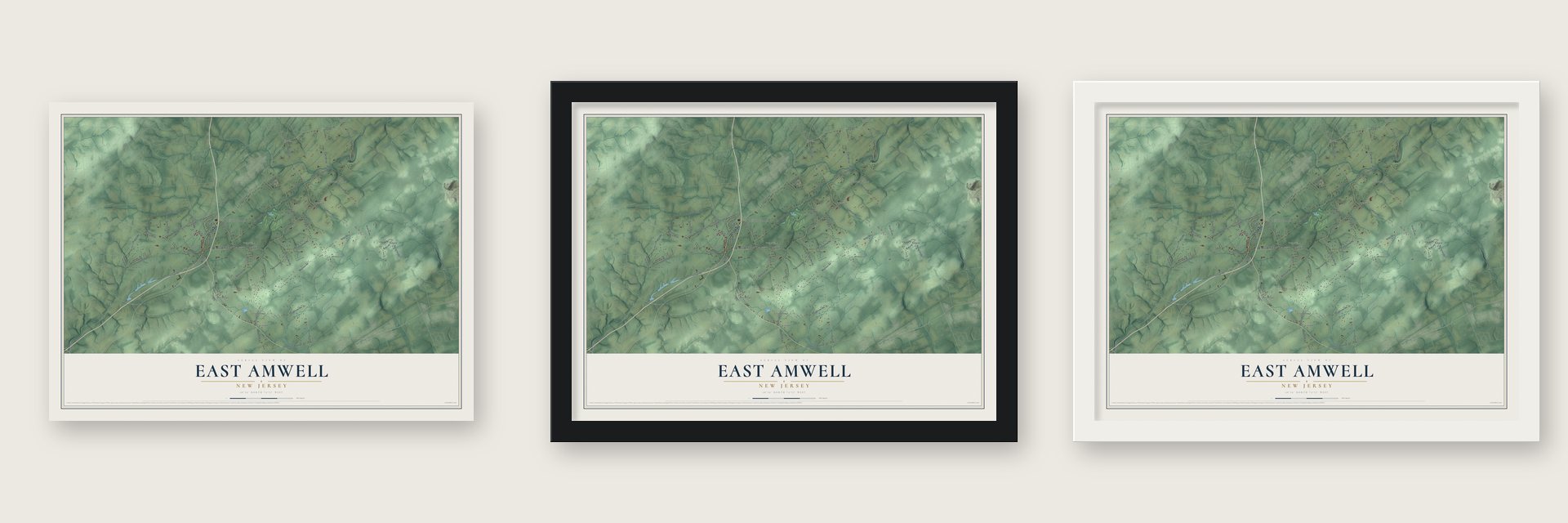 East Amwell, New Jersey map unframed, in a black wood frame and in a white wood frame