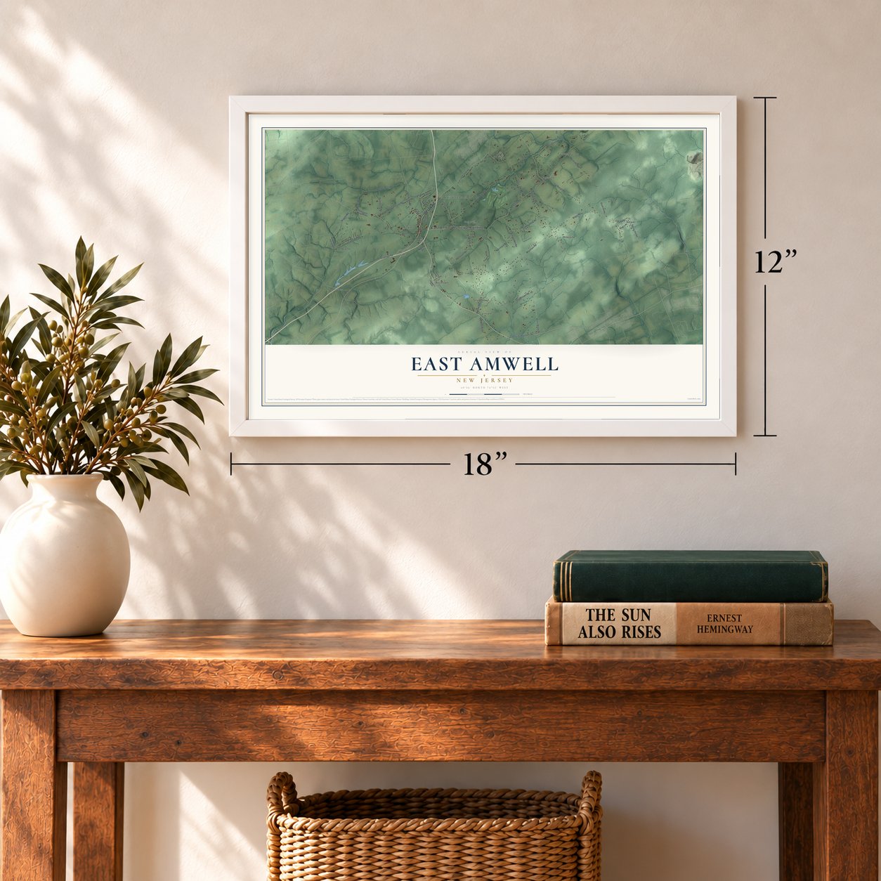 East Amwell, New Jersey map, 12 x 18 inch print in a white frame in an entryway