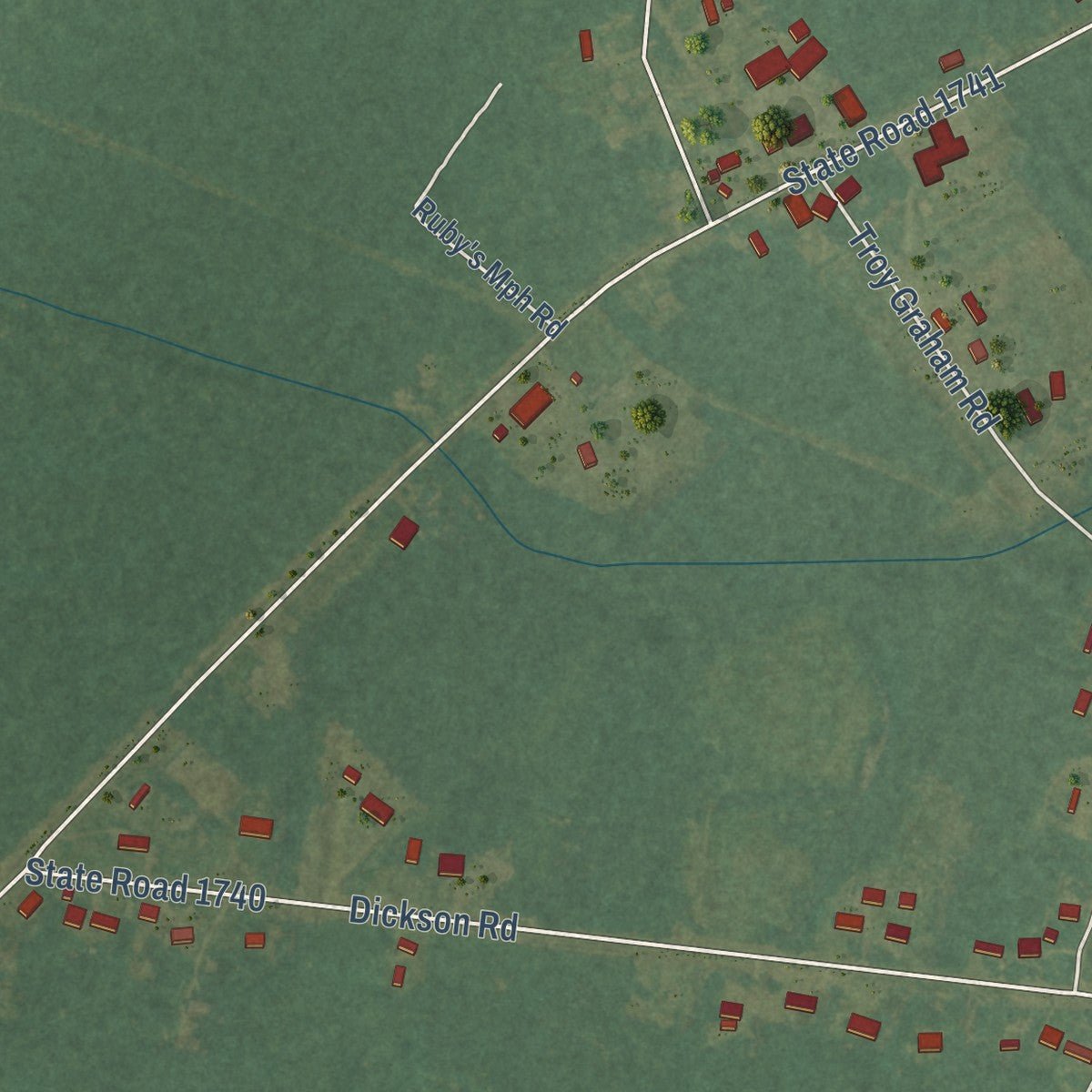 Second close-up of the map of East Arcadia, North Carolina print showing more streets and buildings