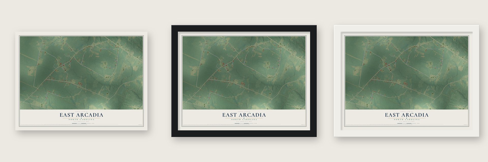 East Arcadia, North Carolina map unframed, in a black wood frame and in a white wood frame