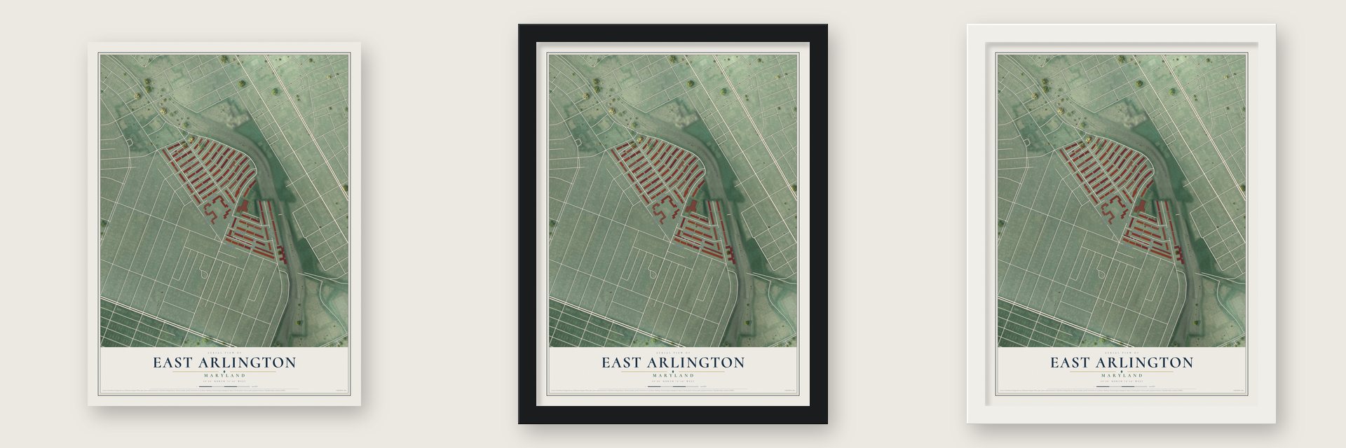 East Arlington, Maryland map unframed, in a black wood frame and in a white wood frame