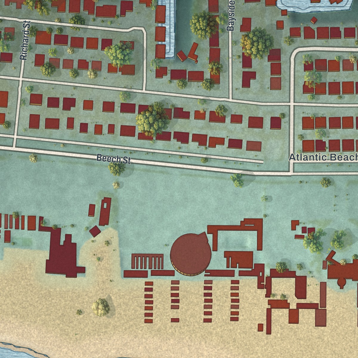 Second close-up of the map of East Atlantic Beach, New York print showing more streets and buildings