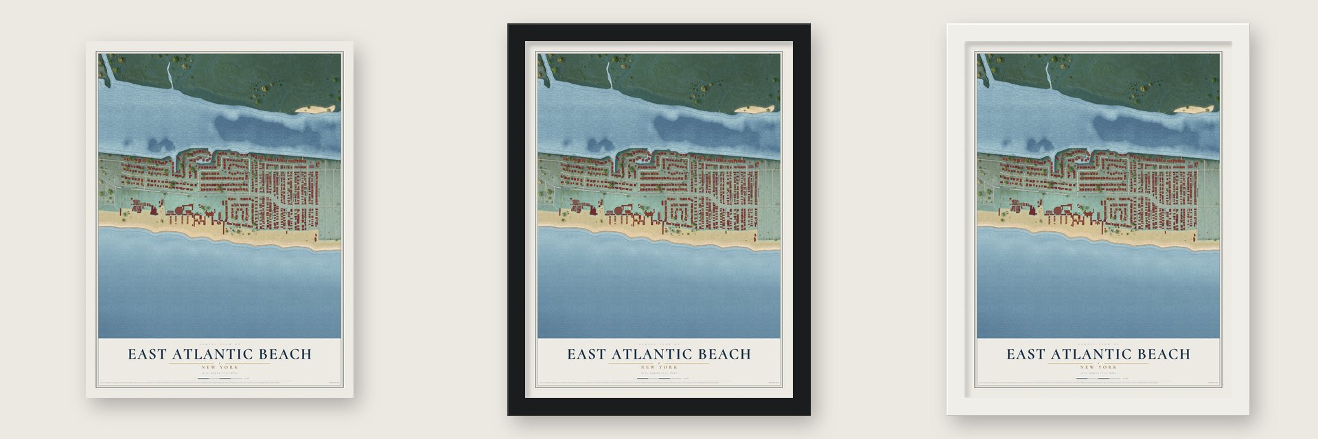 East Atlantic Beach, New York map unframed, in a black wood frame and in a white wood frame