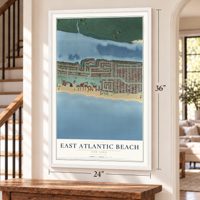 East Atlantic Beach, New York map, 24 x 36 inch print in a white frame by a staircase