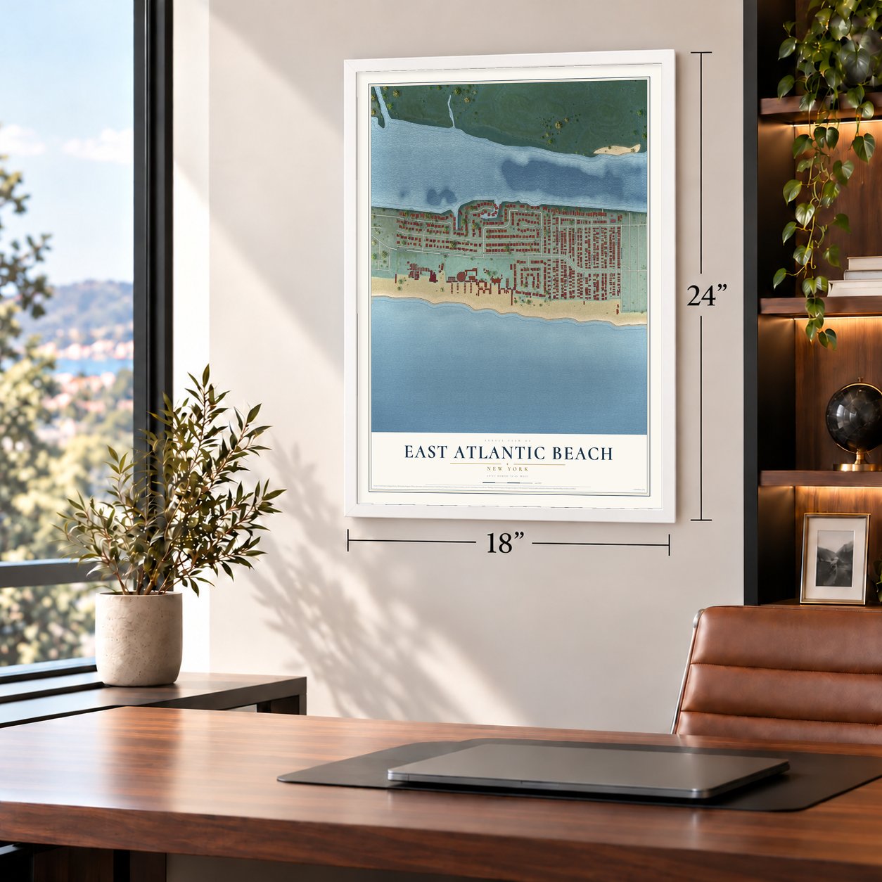 East Atlantic Beach, New York map, 18 x 24 inch print in a white frame in a home office