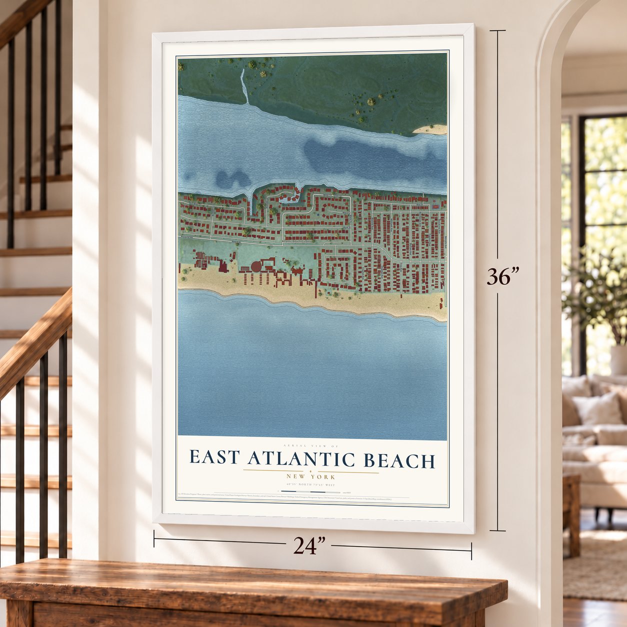 East Atlantic Beach, New York map, 24 x 36 inch print in a white frame by a staircase