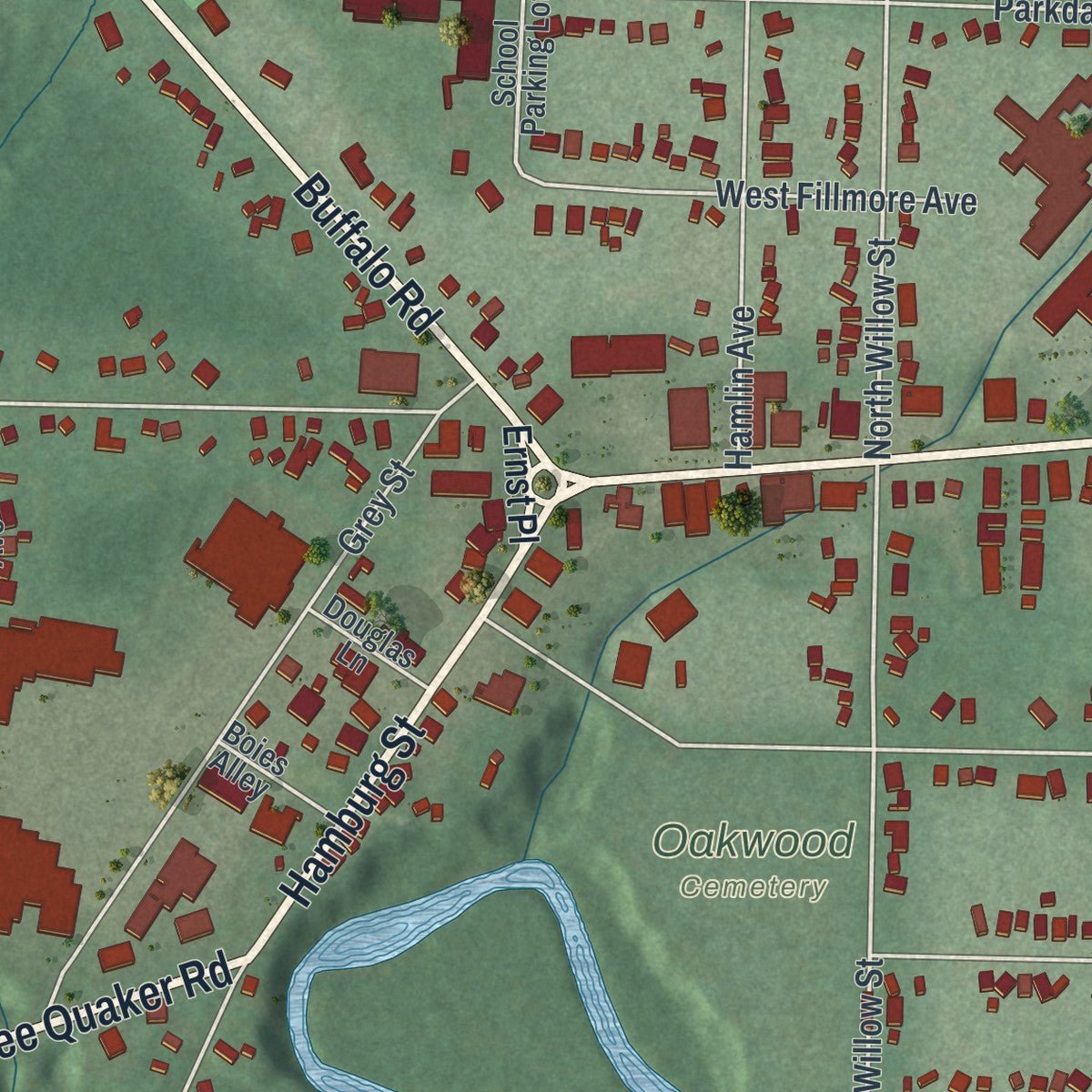 Second close-up of the map of East Aurora, New York print showing more streets and buildings