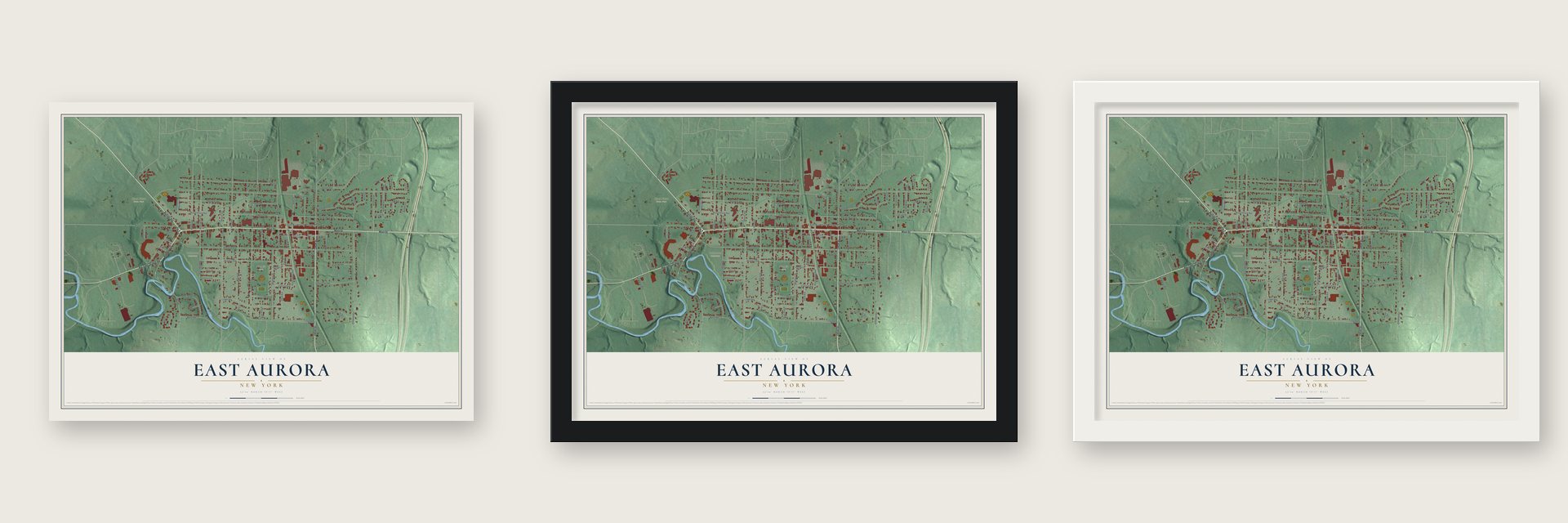 East Aurora, New York map unframed, in a black wood frame and in a white wood frame