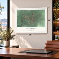 East Aurora, New York map, 18 x 24 inch print in a white frame in a home office