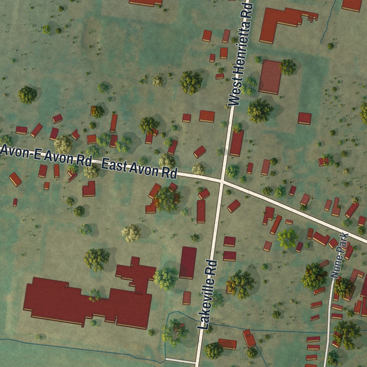 Second close-up of the map of East Avon, New York print showing more streets and buildings