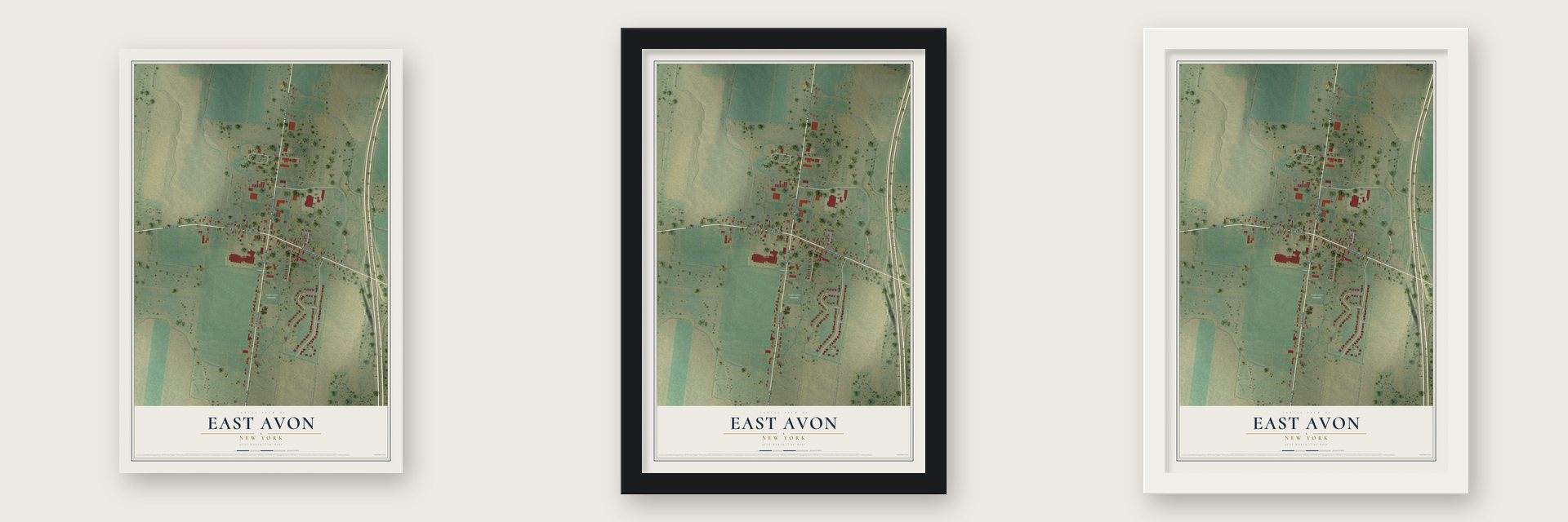 East Avon, New York map unframed, in a black wood frame and in a white wood frame