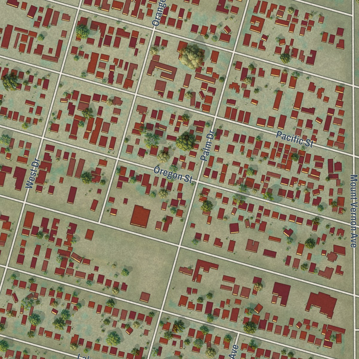Second close-up of the map of East Bakersfield, California print showing more streets and buildings