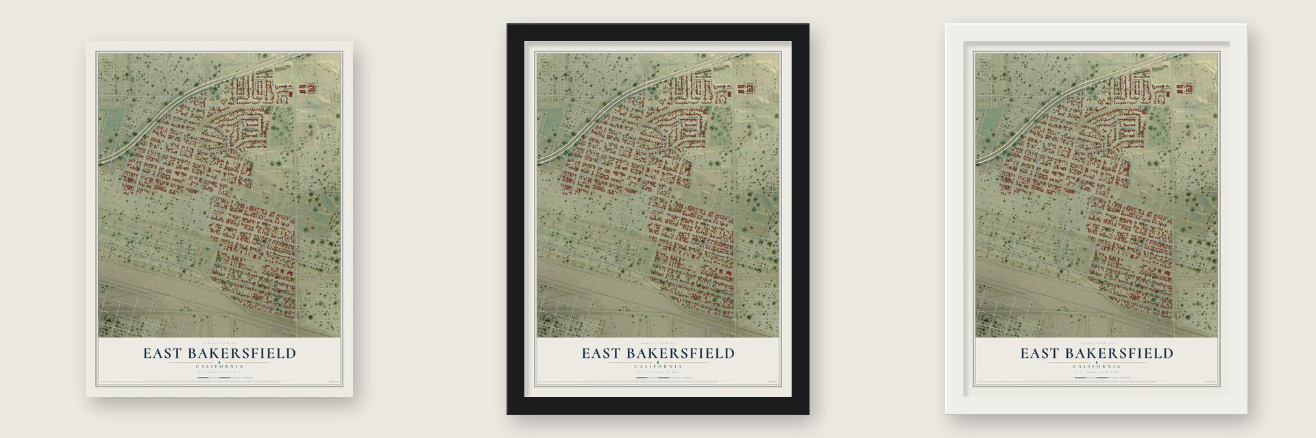 East Bakersfield, California map unframed, in a black wood frame and in a white wood frame