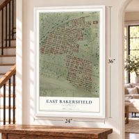 East Bakersfield, California map, 24 x 36 inch print in a white frame by a staircase