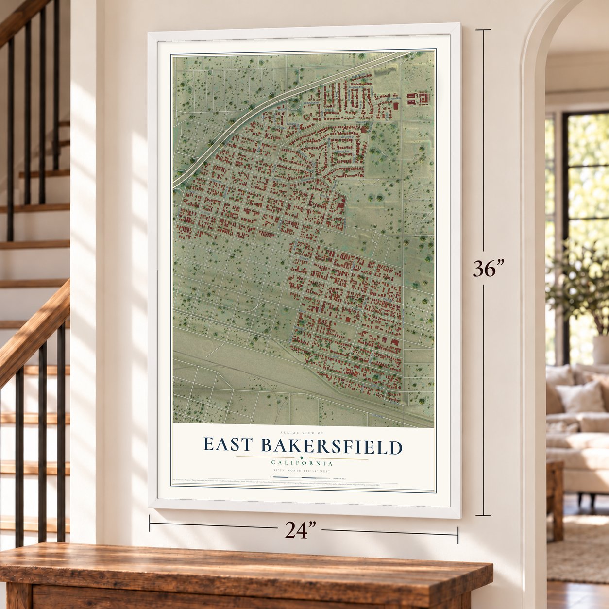 East Bakersfield, California map, 24 x 36 inch print in a white frame by a staircase