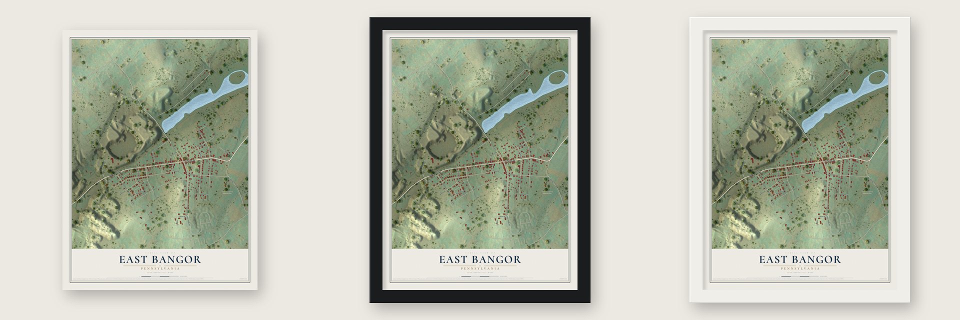 East Bangor, Pennsylvania map unframed, in a black wood frame and in a white wood frame