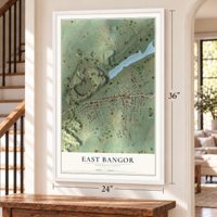 East Bangor, Pennsylvania map, 24 x 36 inch print in a white frame by a staircase