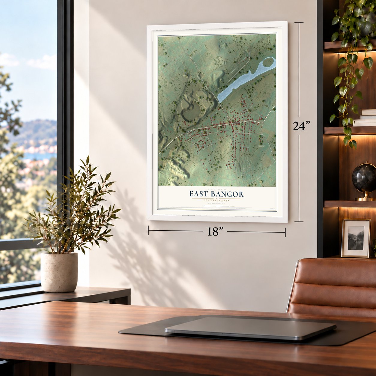 East Bangor, Pennsylvania map, 18 x 24 inch print in a white frame in a home office