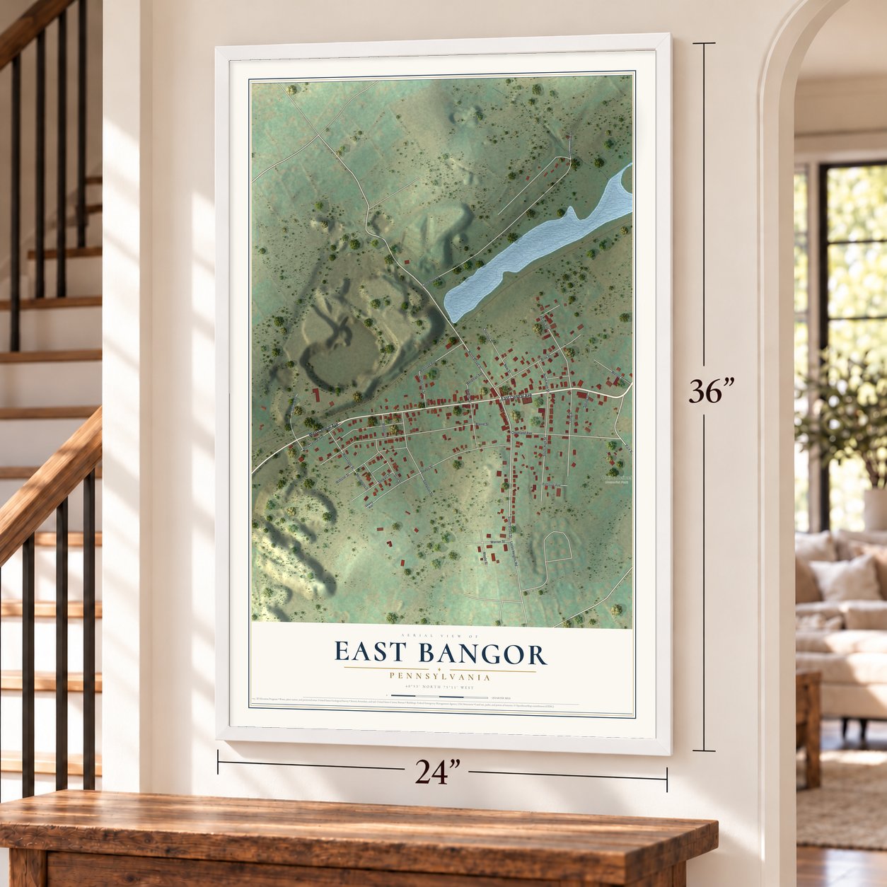 East Bangor, Pennsylvania map, 24 x 36 inch print in a white frame by a staircase