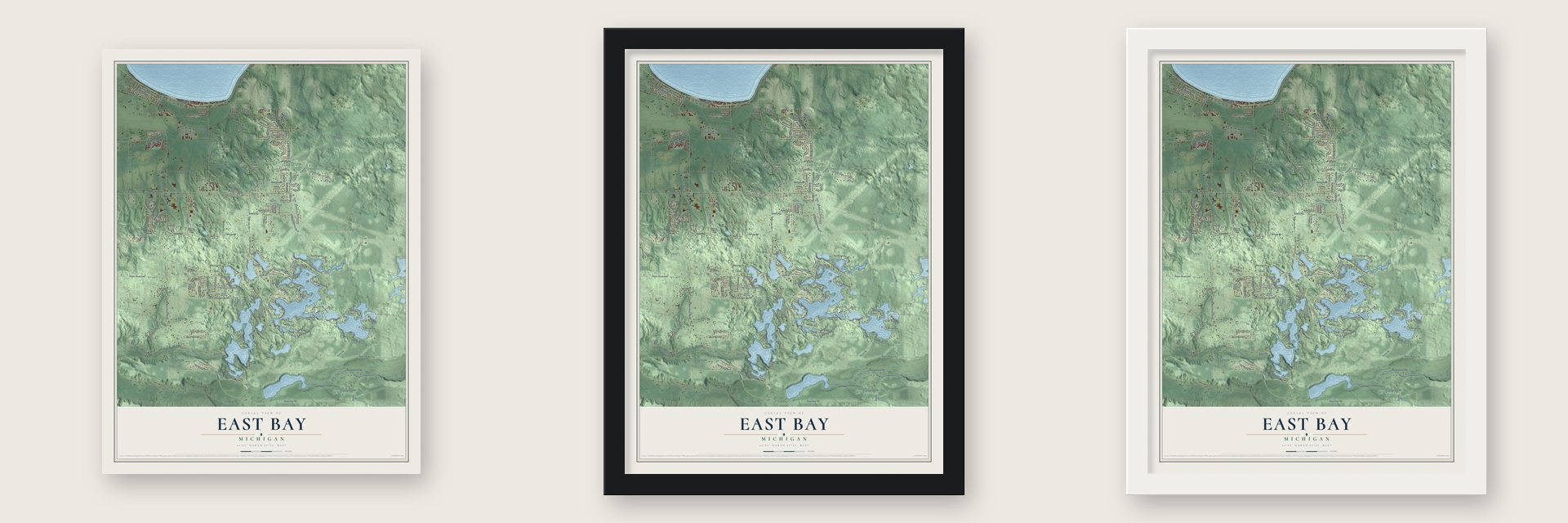 East Bay, Michigan map unframed, in a black wood frame and in a white wood frame