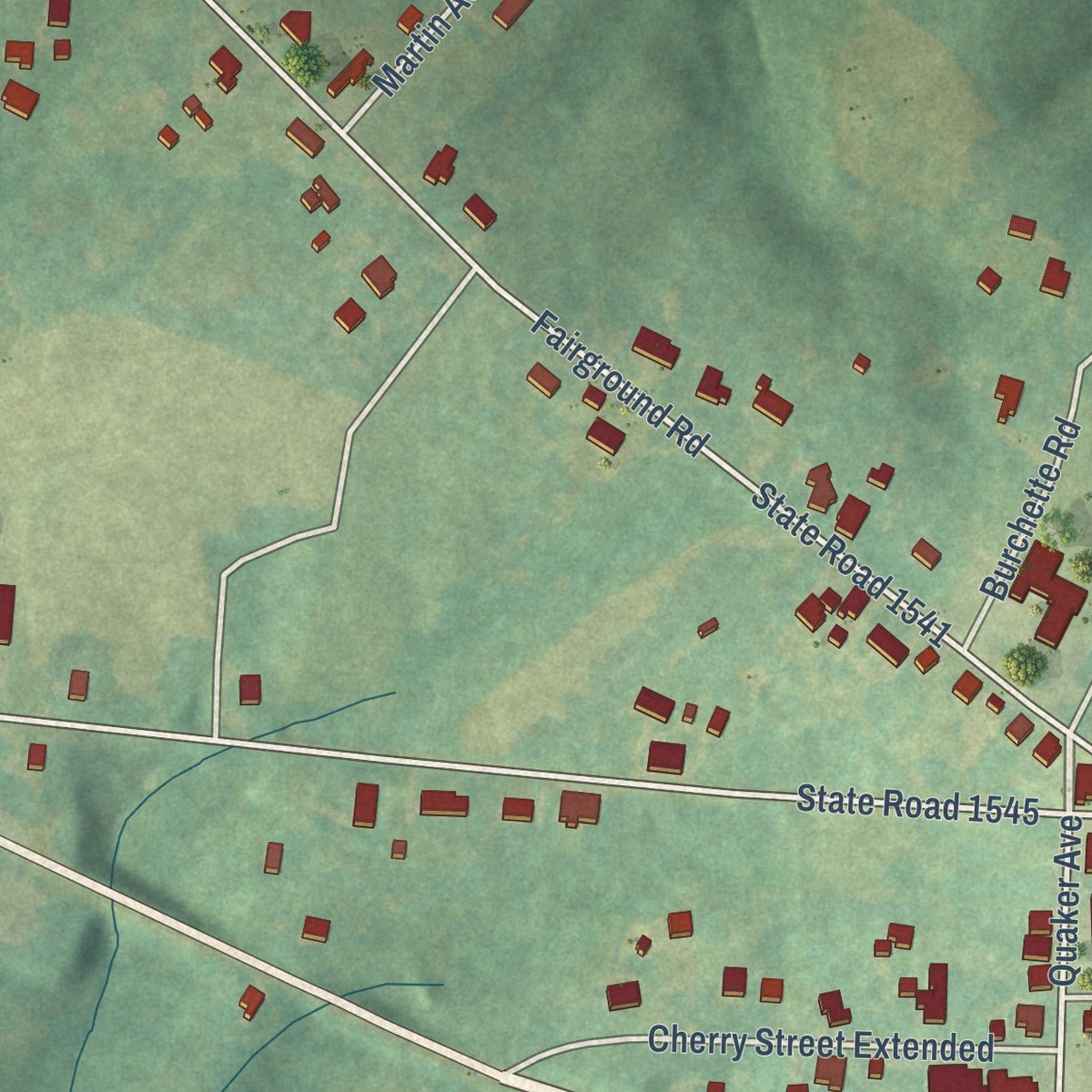 Second close-up of the map of East Bend, North Carolina print showing more streets and buildings