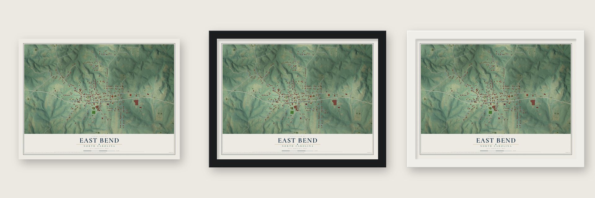 East Bend, North Carolina map unframed, in a black wood frame and in a white wood frame
