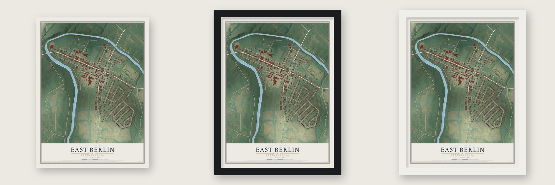 East Berlin, Pennsylvania map unframed, in a black wood frame and in a white wood frame