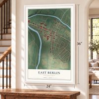 East Berlin, Pennsylvania map, 24 x 36 inch print in a white frame by a staircase