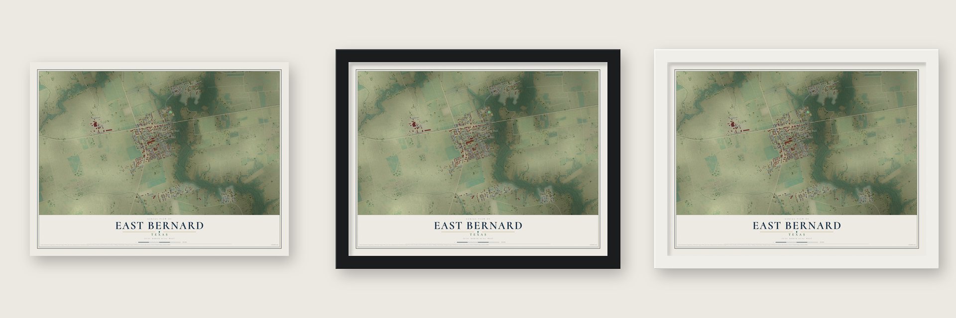 East Bernard, Texas map unframed, in a black wood frame and in a white wood frame