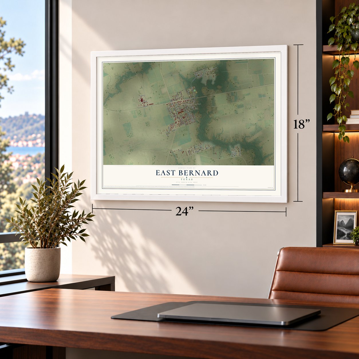 East Bernard, Texas map, 18 x 24 inch print in a white frame in a home office