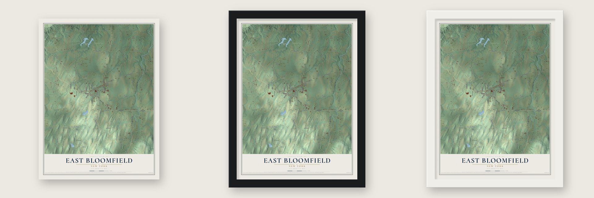 East Bloomfield, New York map unframed, in a black wood frame and in a white wood frame