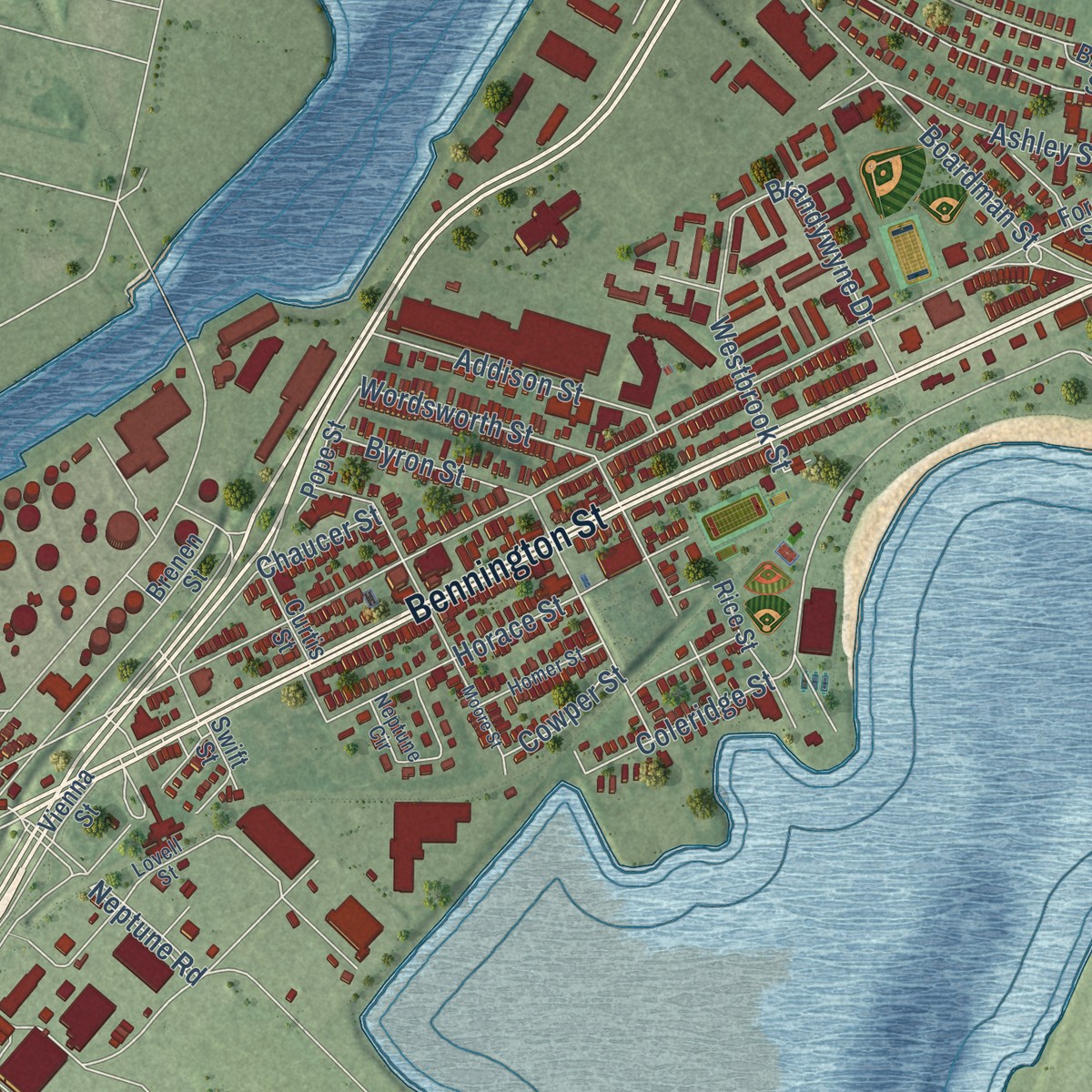 Second close-up of the map of East Boston, Massachusetts print showing more streets and buildings
