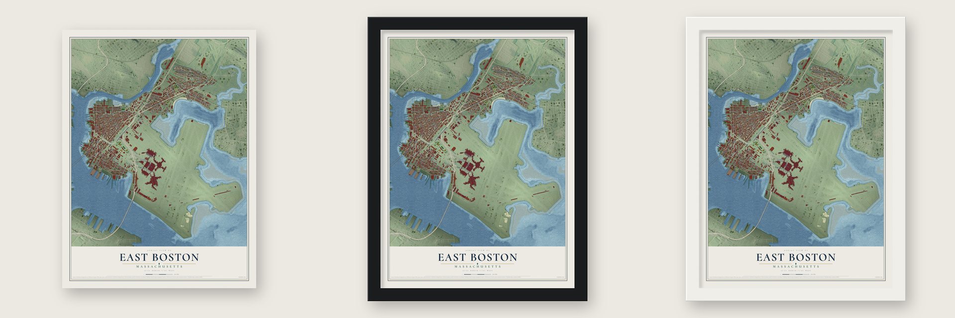 East Boston, Massachusetts map unframed, in a black wood frame and in a white wood frame
