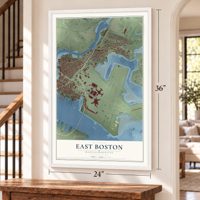 East Boston, Massachusetts map, 24 x 36 inch print in a white frame by a staircase