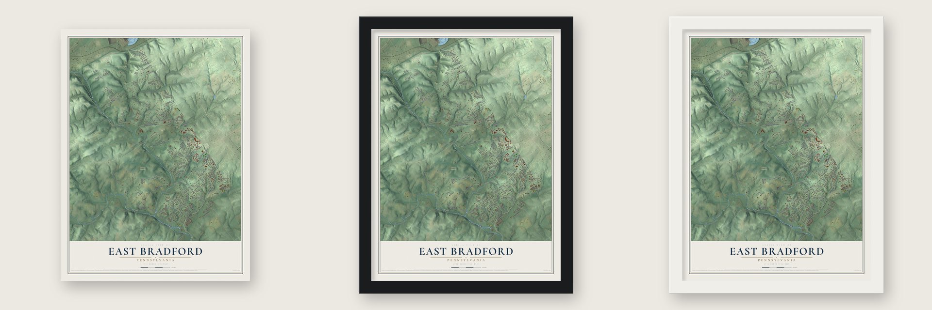 East Bradford, Pennsylvania map unframed, in a black wood frame and in a white wood frame