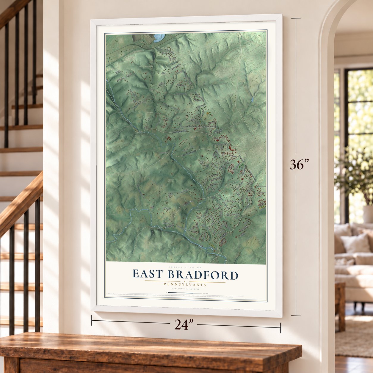East Bradford, Pennsylvania map, 24 x 36 inch print in a white frame by a staircase