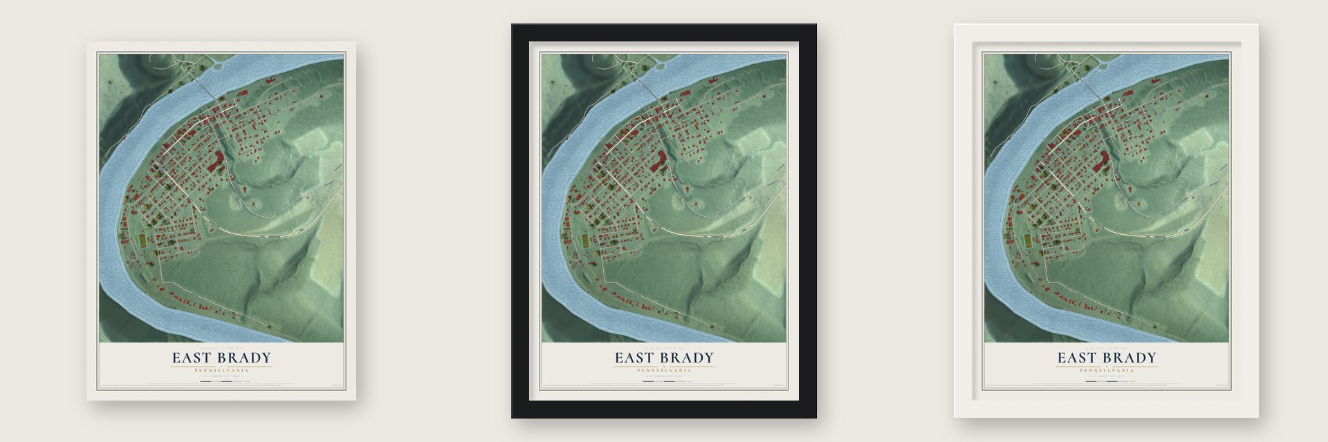 East Brady, Pennsylvania map unframed, in a black wood frame and in a white wood frame